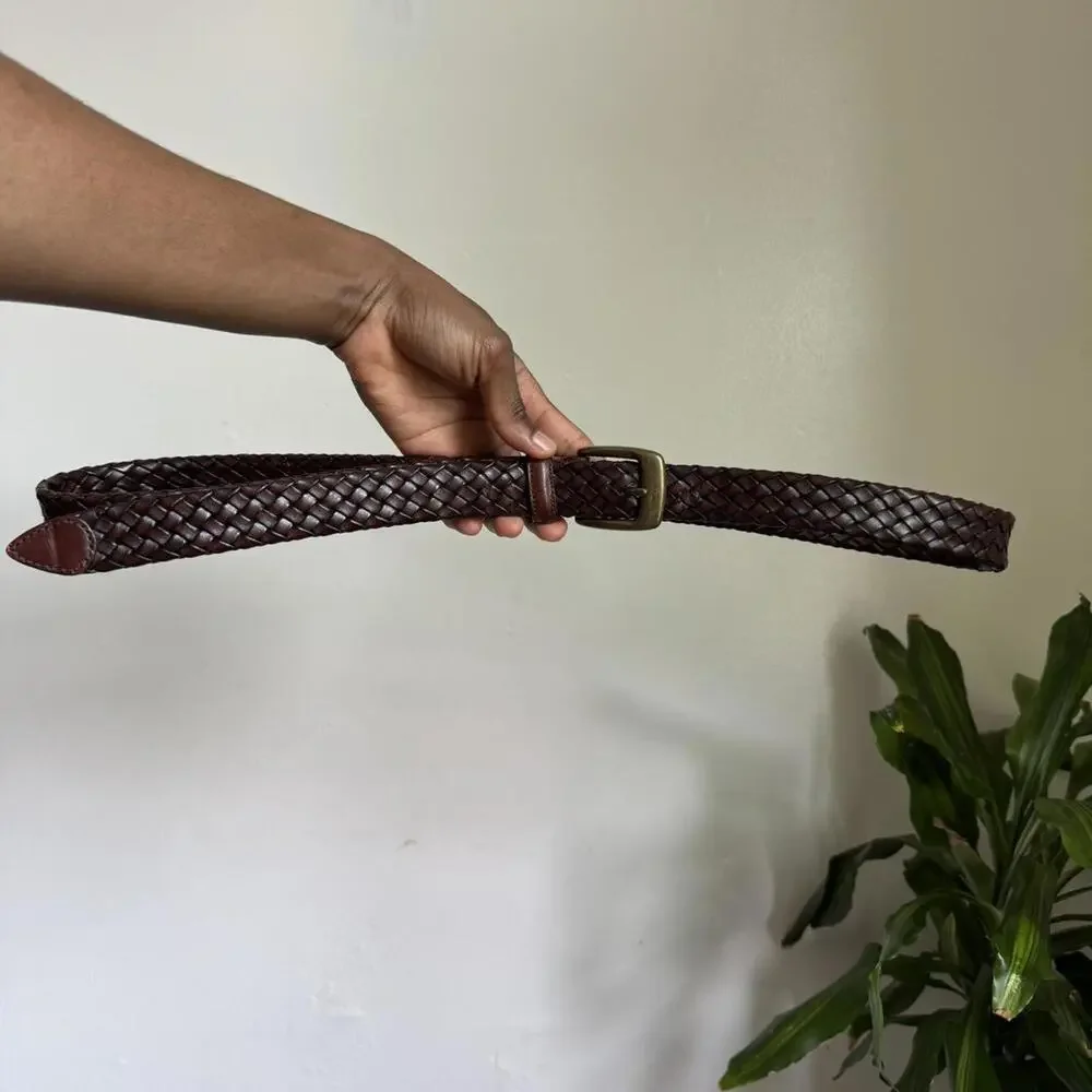 Vintage Brown breaded genuine leather‎ belt with gold buckle size 44